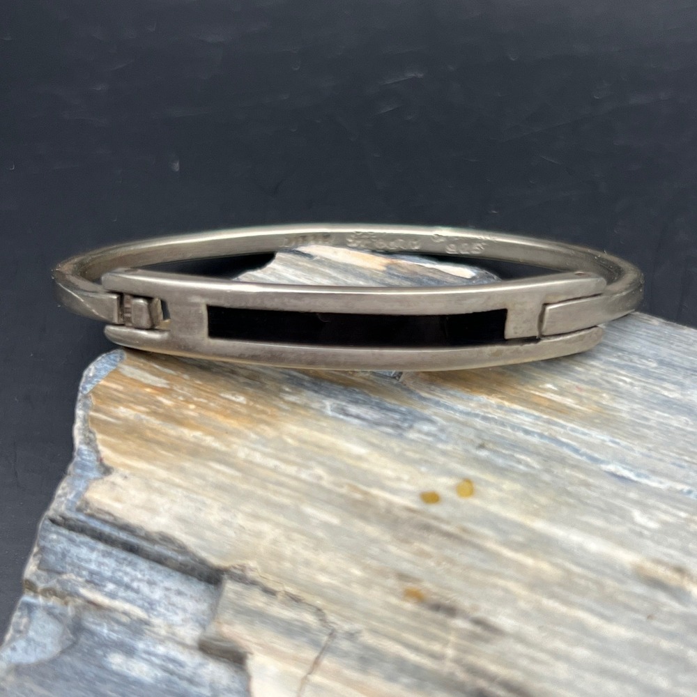 VTG Alpaca Mexico Black Onyx Inlay Hinged Bangle Bracelet 925 Sterling 18g